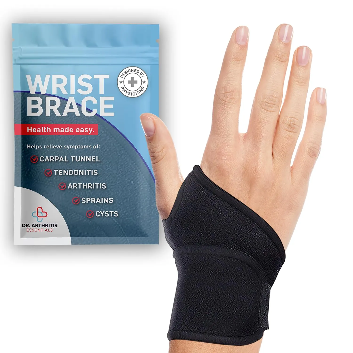 Dr. Arthritis Essentials Wrist Brace for Support & Pain Relief  Adjustable Wrist Wraps for Stability & Comfort  Ideal for Recovery, Work, Sports, and Everyday Use (Black Single)