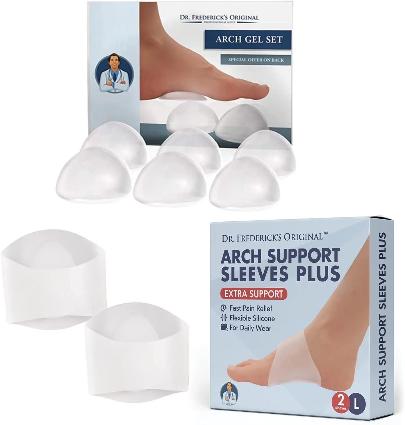 Dr. Frederick's Original Arch Support Bundle - 2 Sleeves & 6 Gel Cushions for Fallen Arches, Flat Feet, & Arch Pain Relief - Large/XL