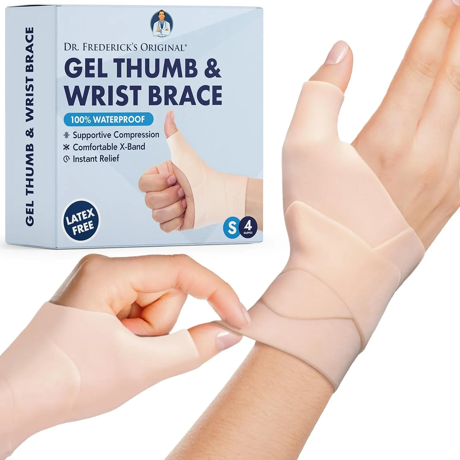 Dr. Frederick's Original Waterproof Thumb & Wrist Brace - 4 ct - Spica Splint - Tendonitis Brace for Arthritis, De Quervain's - Fits Left or Right Hand - Women & Men - Pain Relief & Comfort - Small
