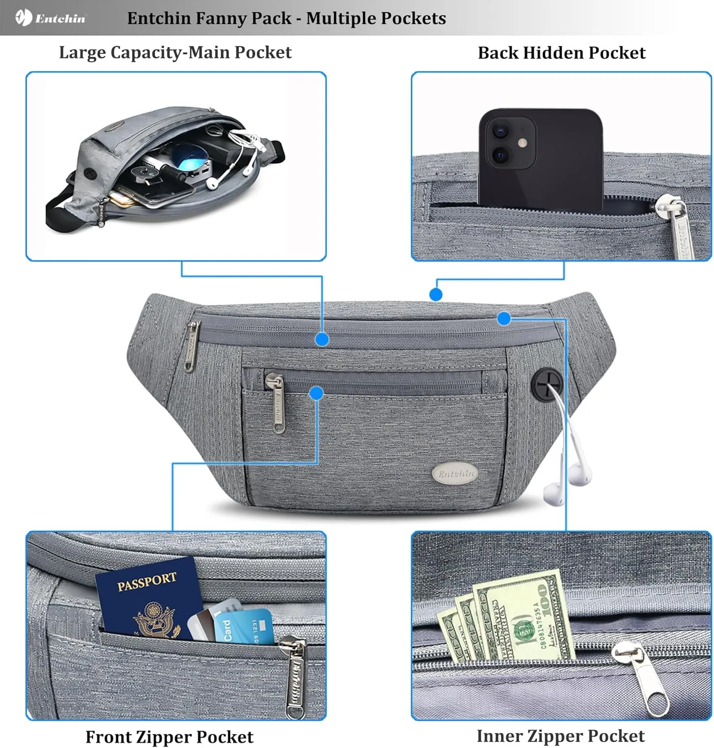 Entchin Fanny Pack for Women Men,Crossbody Belt Bag with 4-Zipper Pockets,Adjustable Waist Bag Pack,One of the Most Popular Travel Essential Gifts for Walking,Traveling,Cycling and Shopping