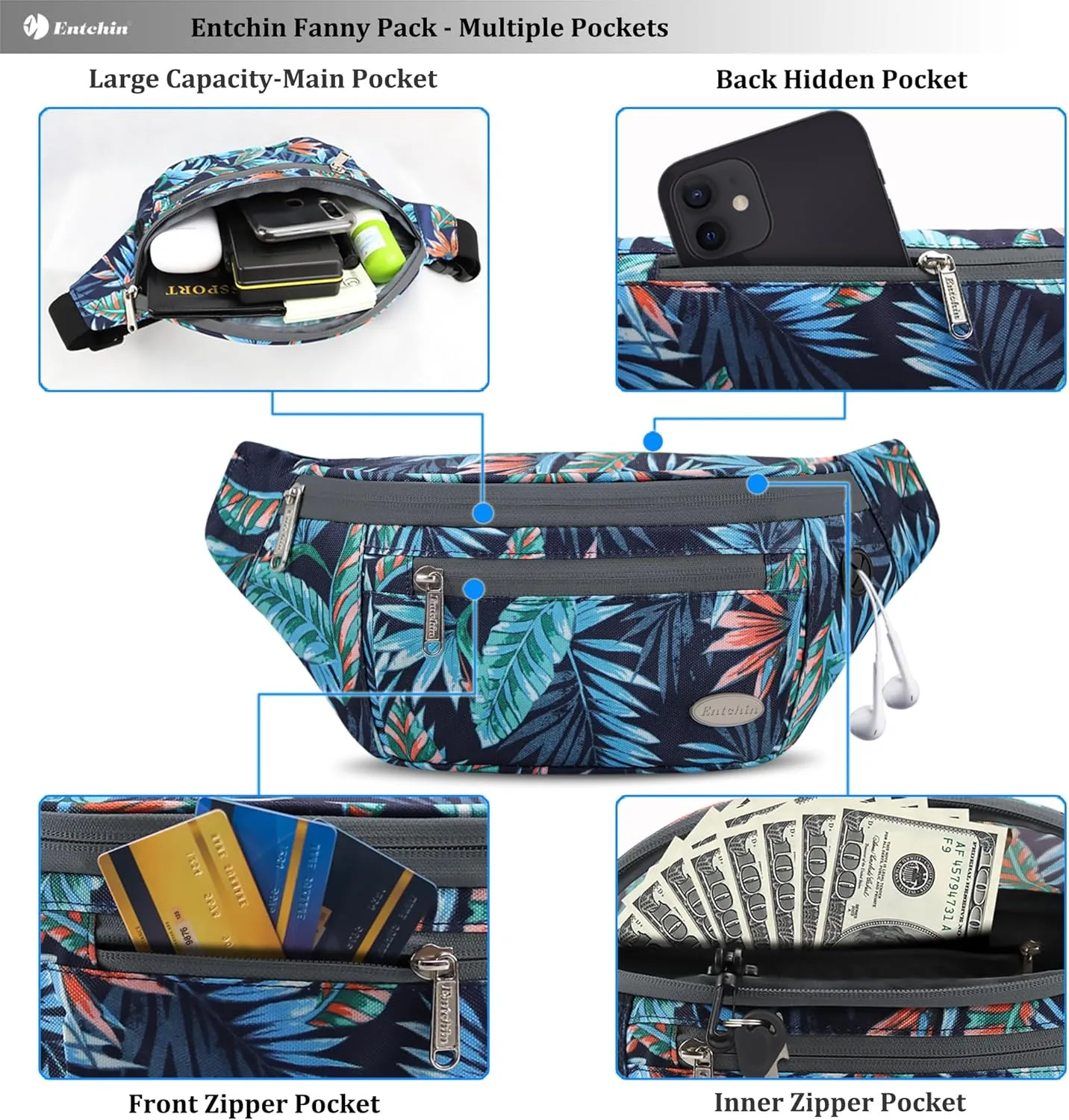 Entchin Fanny Pack for Women Men,Crossbody Belt Bag with 4-Zipper Pockets,Adjustable Waist Bag Pack,One of the Most Popular Travel Essential Gifts for Walking,Traveling,Cycling and Shopping