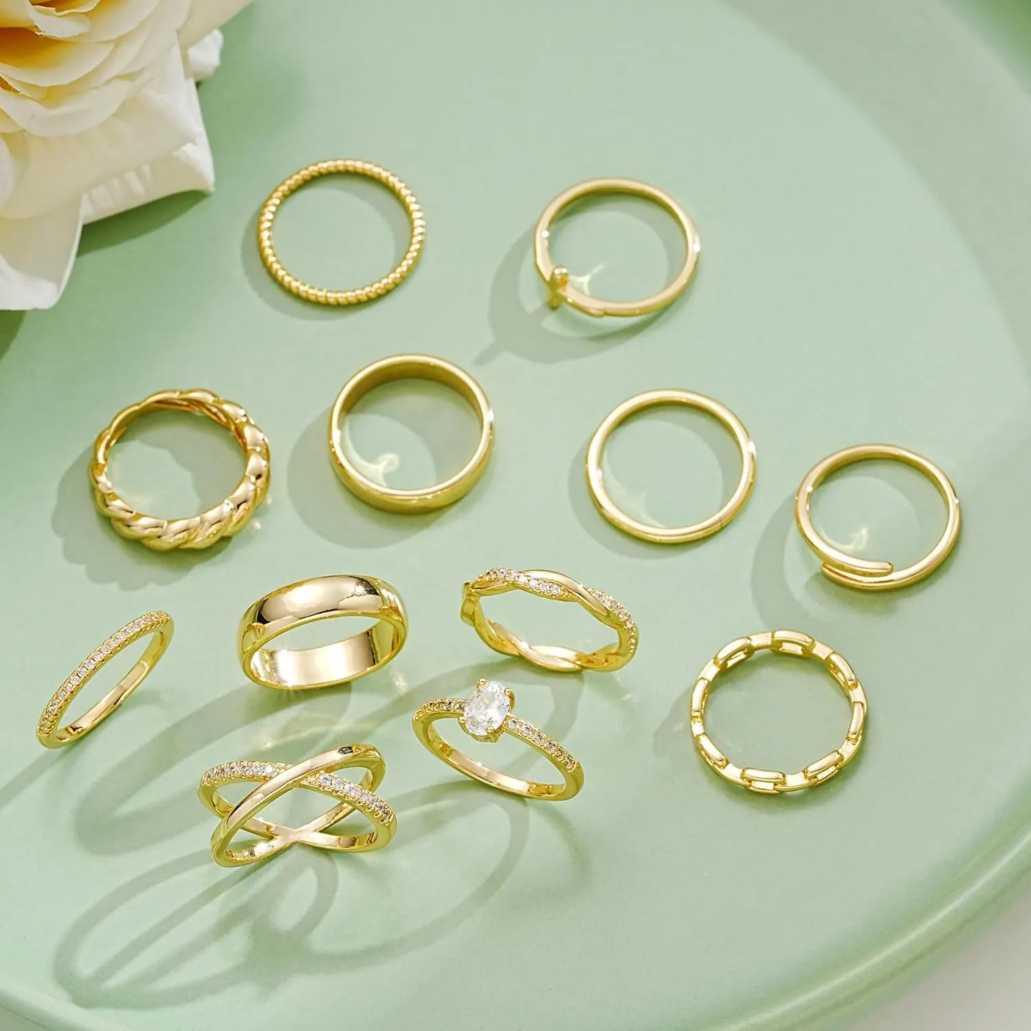 FAXHION 12 PCS Dainty 14K Gold Rings for Women, Eternity Open Chunky Twist Simulated Diamond Criss Cross Designs, Non Tarnish Gold Plated Stacking Thumb Ring, Perfect for Wedding Bands Size 5-11