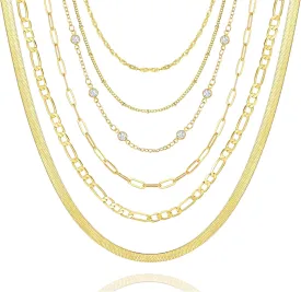 FAXHION 6PCS Gold Layered Chain Necklaces for Women,18k Gold Dainty CZ Choker Necklace Trendy, Adjustable Layering Necklace Set for Women Gifts
