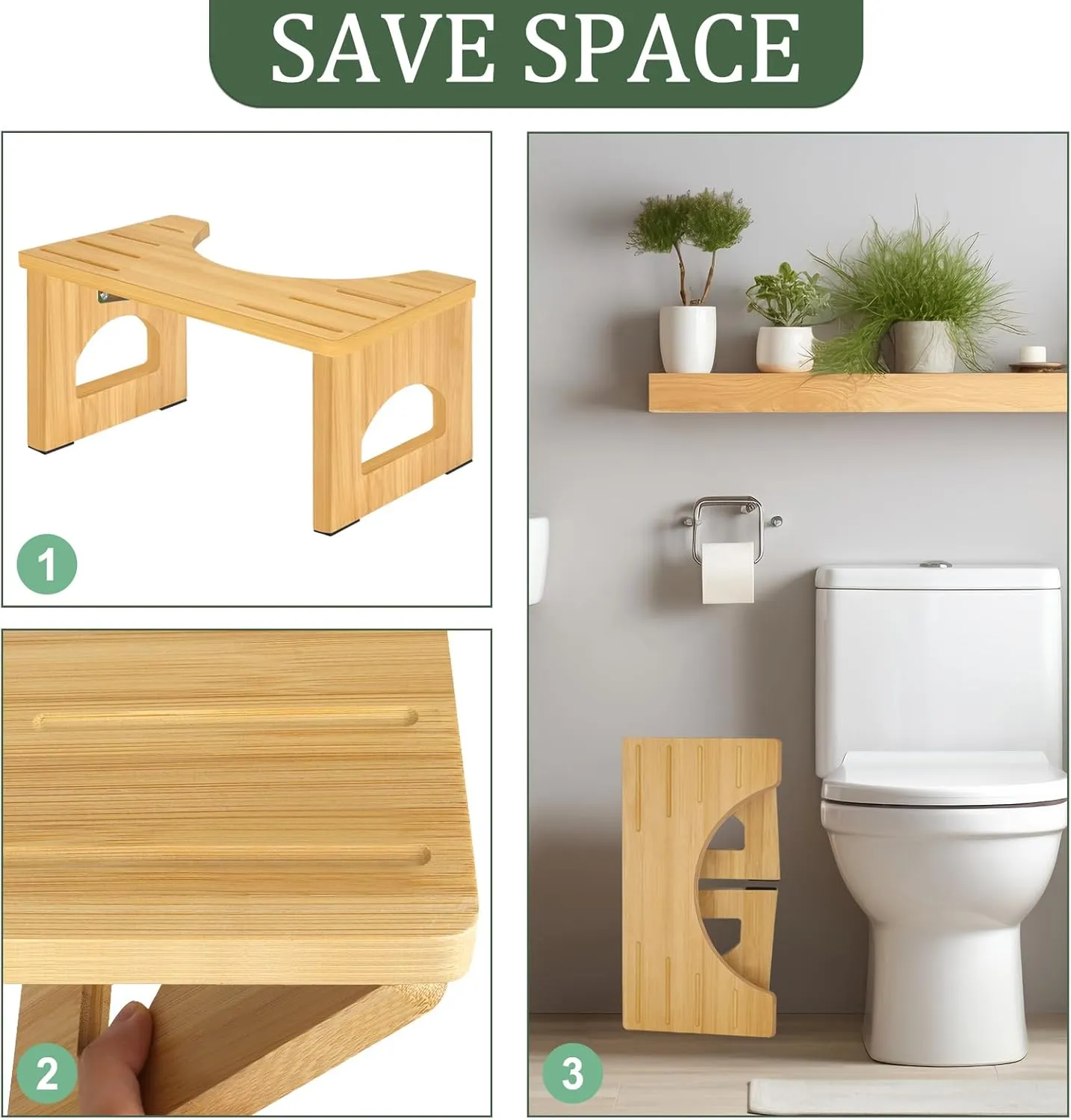 Foldable Toilet Stool, 2 Pack 7.5 Inches Poop Stool for Bathroom, Bamboo Toilet Stool Squat Adult, Collapsible Squatting Bathroom Potty Stool with Non-Slip Strip, Improve Squatting Posture and Comfort