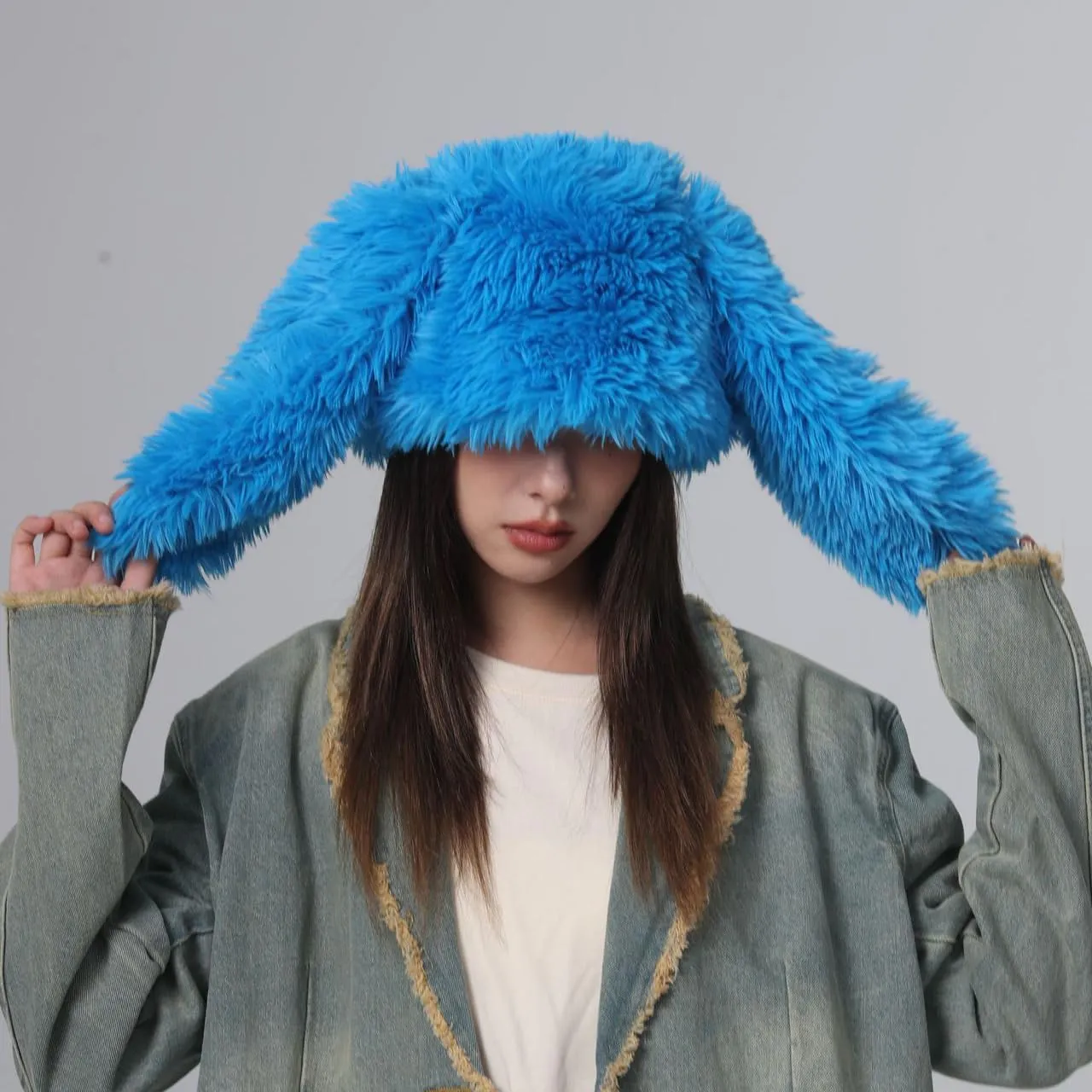Furry Beanie Bunny Ears Hat Fluffy Warm Hat Plush Slouchy Beanies for Indoor and Outdoor
