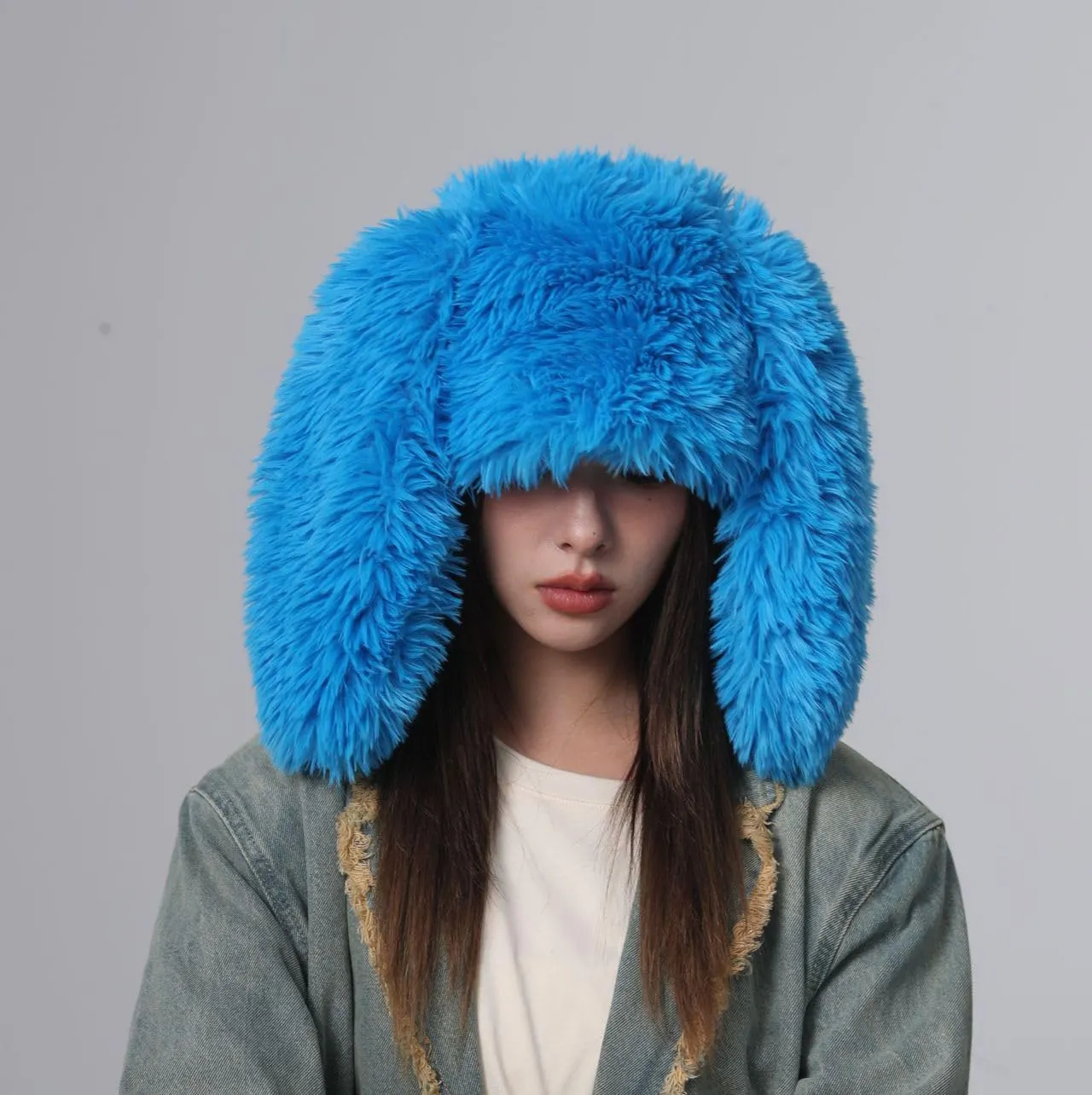 Furry Beanie Bunny Ears Hat Fluffy Warm Hat Plush Slouchy Beanies for Indoor and Outdoor