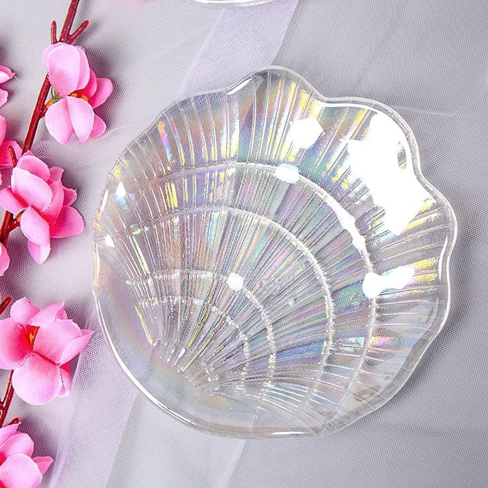 Glitter Glass Jewelry Dish Tray Sparkle Iridescent Seashell Shell Soap Dish Jewelry Organizer for Women Girls Jewelry Trays Jewelry Boxes and Organizers