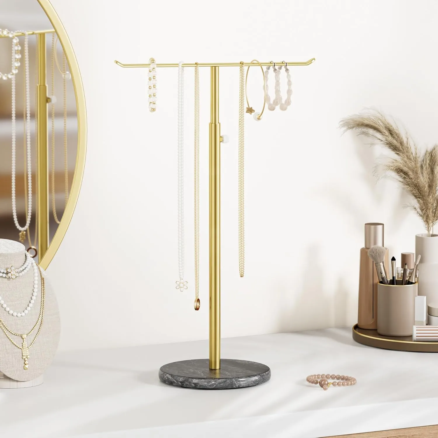 Gold Necklace Holder Jewelry Organizer Stand  Adjustable Height TBar Jewelry Display with Dark Gray Marble Base, Necklace & Bracelet Holder, Countertop Jewelry Stand