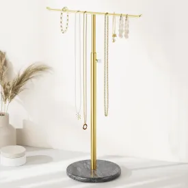 Gold Necklace Holder Jewelry Organizer Stand  Adjustable Height TBar Jewelry Display with Dark Gray Marble Base, Necklace & Bracelet Holder, Countertop Jewelry Stand