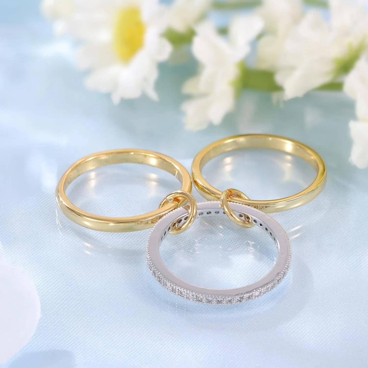 Gold Stackable Rings for Women Non Tarnish, Interlocking 3 Rings Set with CZ Cubic Zirconia Band, Dainty 18K Gold Plated Multi Stacked Statement Rings for Women