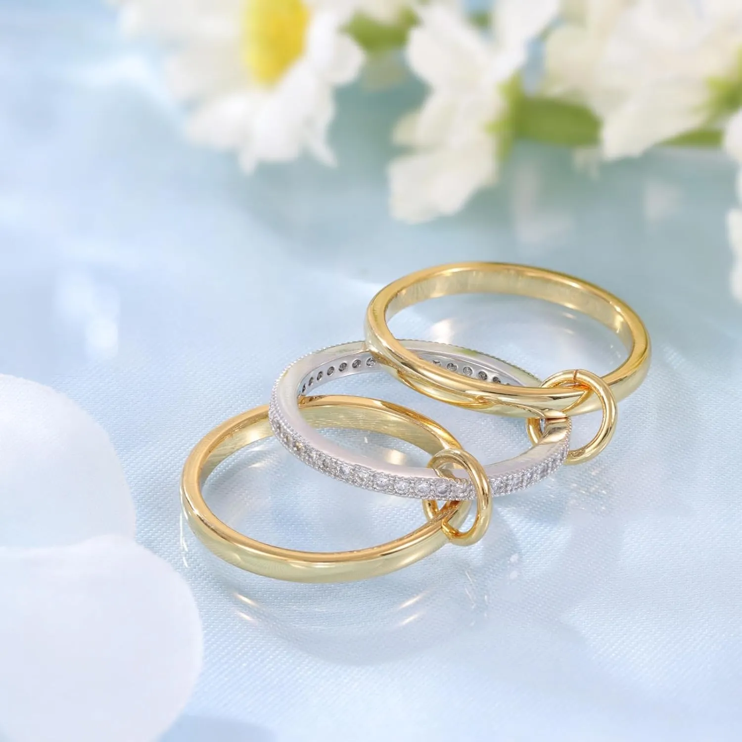 Gold Stackable Rings for Women Non Tarnish, Interlocking 3 Rings Set with CZ Cubic Zirconia Band, Dainty 18K Gold Plated Multi Stacked Statement Rings for Women