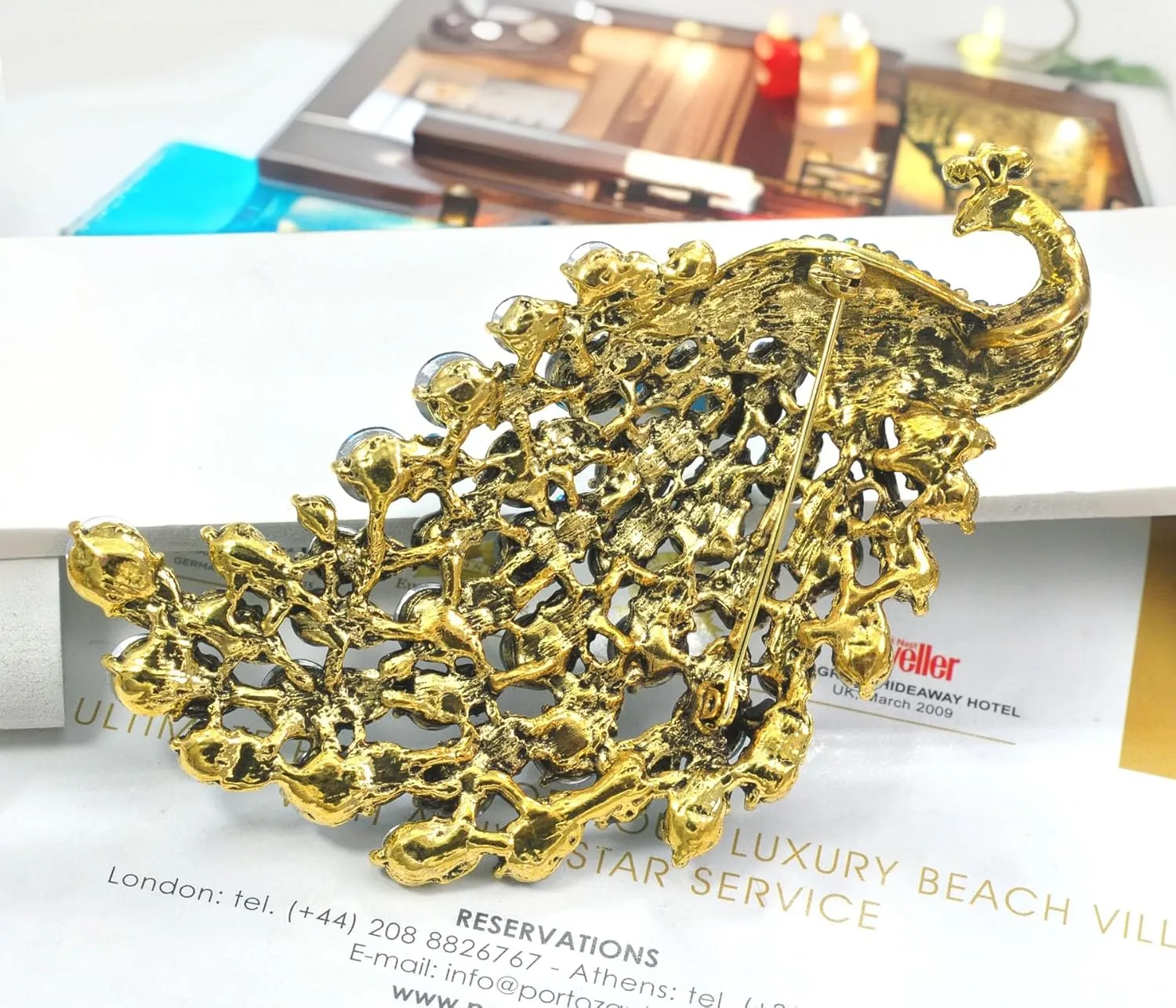 Gyn&Joy Vitage Style Crystal Large Peacock Feather Pin Brooch