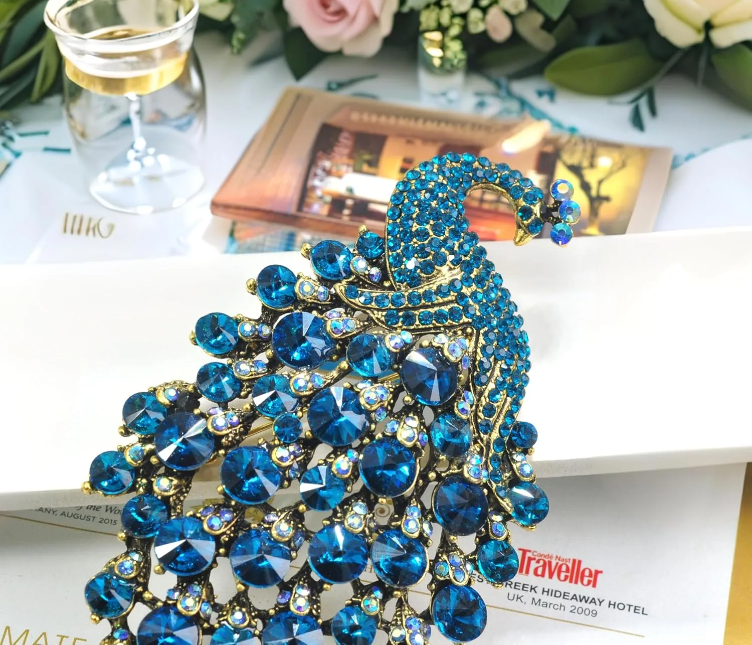 Gyn&Joy Vitage Style Crystal Large Peacock Feather Pin Brooch