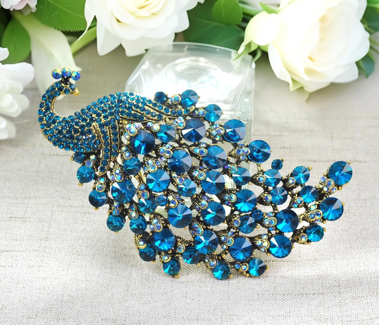 Gyn&Joy Vitage Style Crystal Large Peacock Feather Pin Brooch