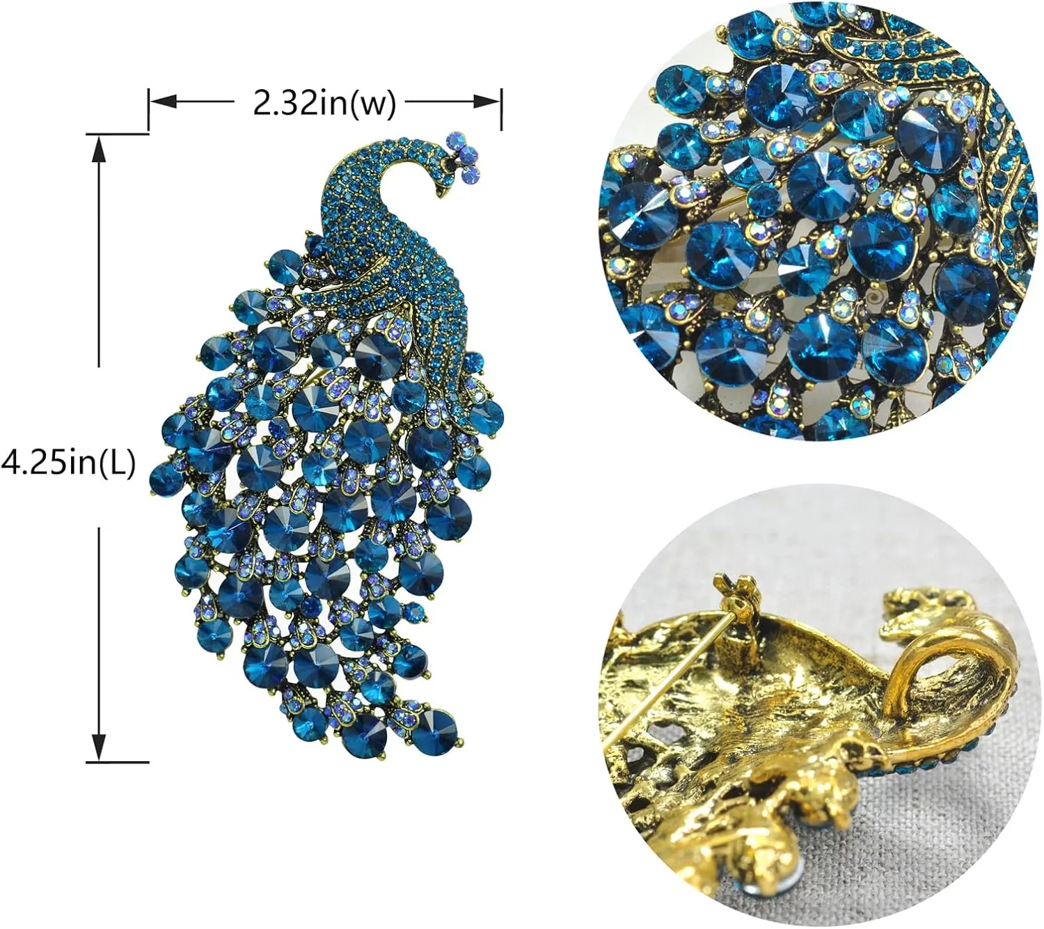 Gyn&Joy Vitage Style Crystal Large Peacock Feather Pin Brooch