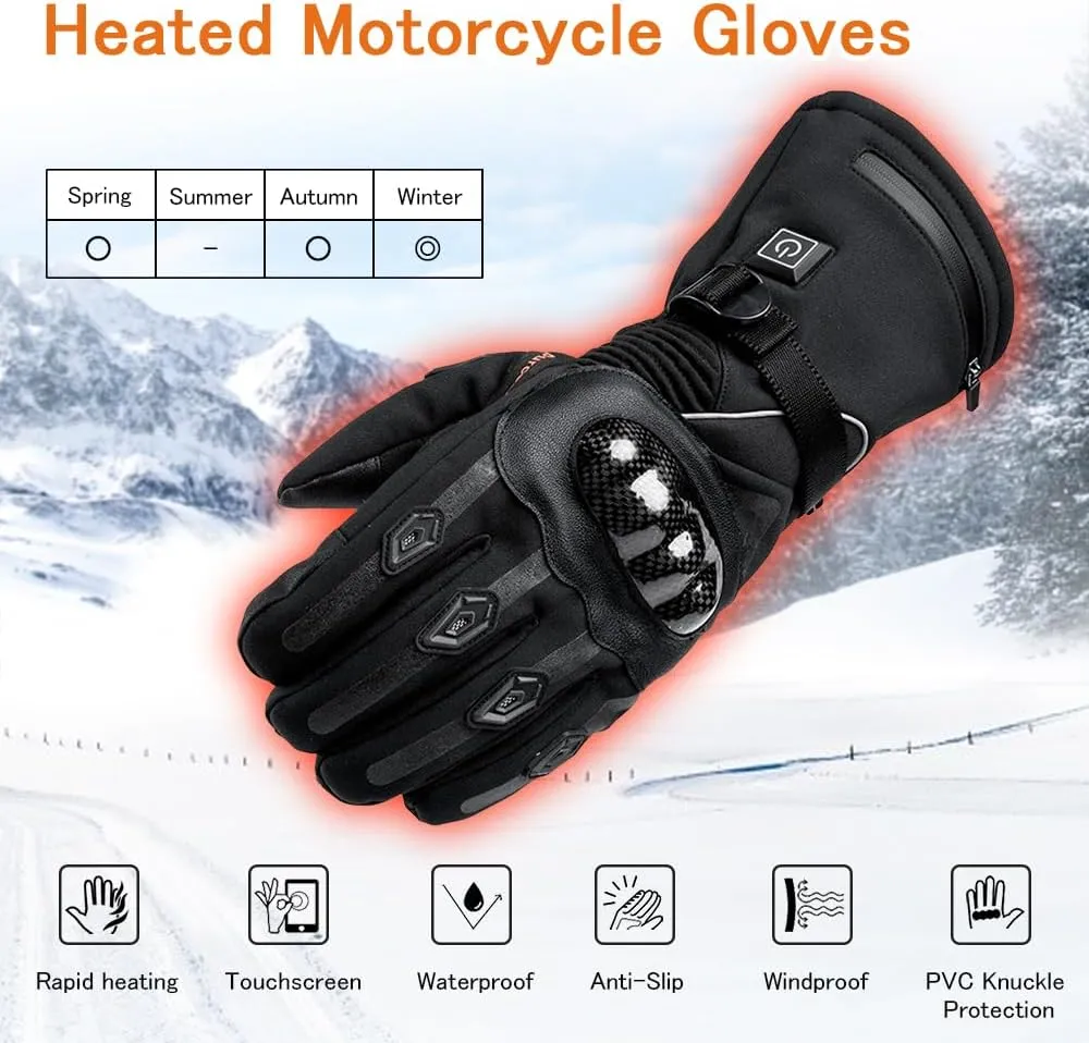 Heated Motorcycle Gloves for Men & Women - 7.4V 3000mAh Rechargeable Batteries, Electric, Touchscreen, Waterproof, Windproof, Non-Slip, Skiing, Cycling, Fishing