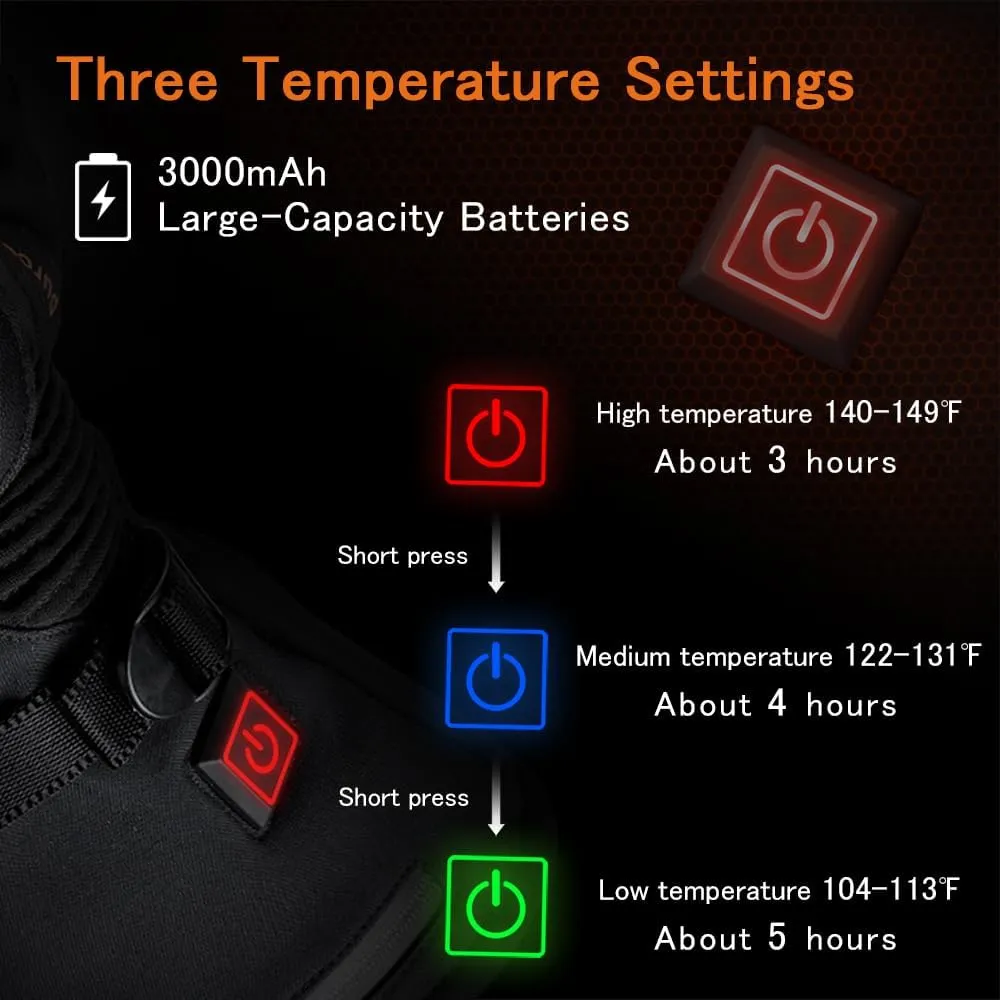 Heated Motorcycle Gloves for Men & Women - 7.4V 3000mAh Rechargeable Batteries, Electric, Touchscreen, Waterproof, Windproof, Non-Slip, Skiing, Cycling, Fishing