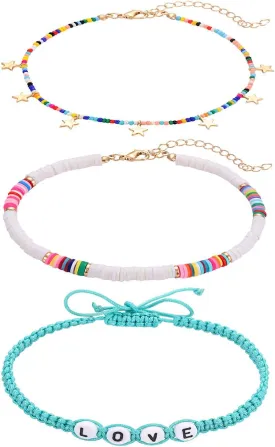 Heishi Bead Anklets for Women Rainbow Seed Bead African Vinyl Disc Beads Ankle Bracelets Letter LOVE HOPE Anklets Delicate Summer Beach Star Anklets Set for Girls