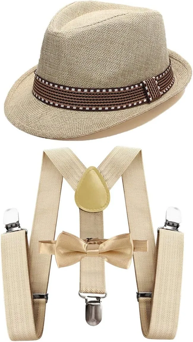 HIHCBF 1920s Kids Costume Accessories Set Boys Party Outfits Adjustable Suspenders Pre-Tied Bow Tie Short Brim Fedora Hat
