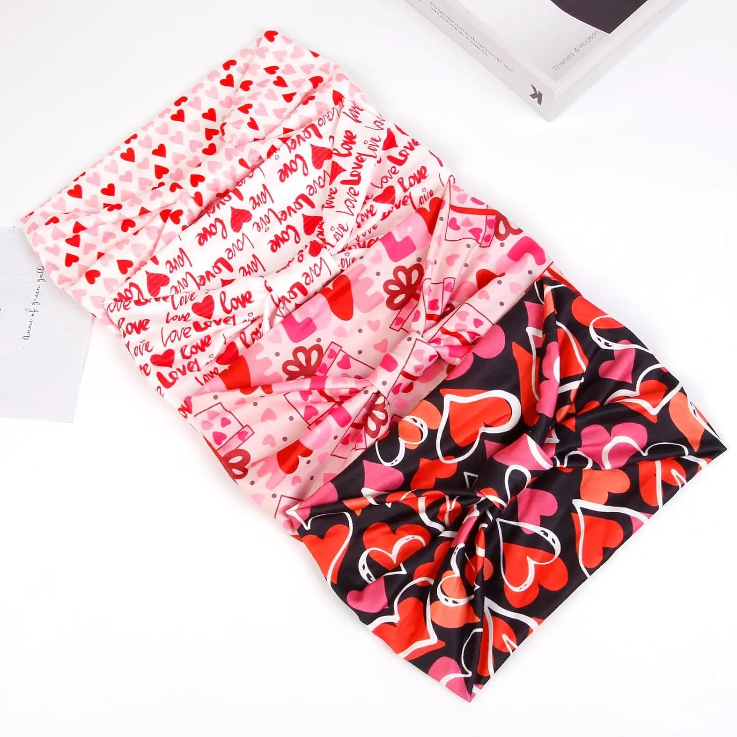 Huachi 4 Packs Valentine Headbands for Women Wide Knotted Valentine Heart Headbands Trendy Love Head Bands for Womens Hair Large Bandana Hairbands Valentines Gifts Hair Accessories