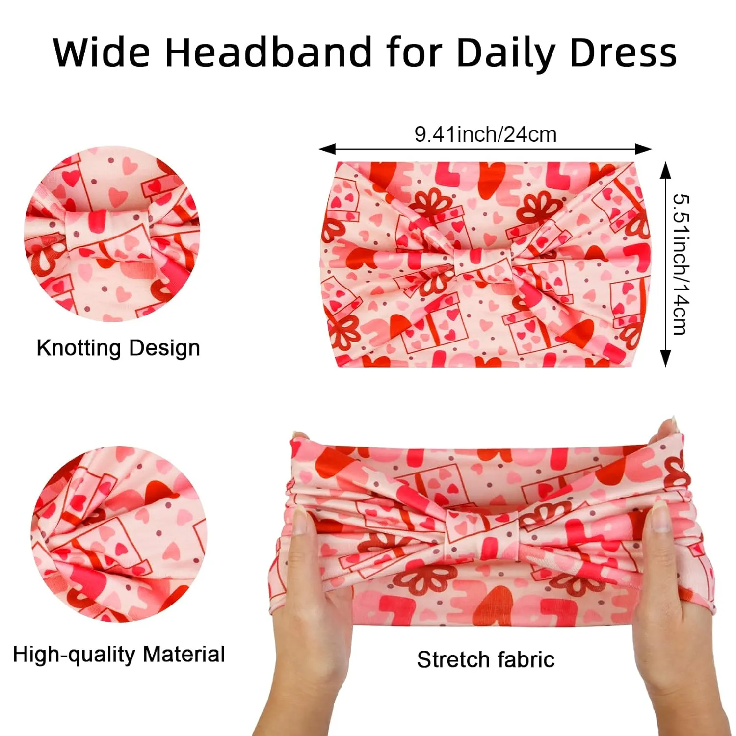 Huachi 4 Packs Valentine Headbands for Women Wide Knotted Valentine Heart Headbands Trendy Love Head Bands for Womens Hair Large Bandana Hairbands Valentines Gifts Hair Accessories