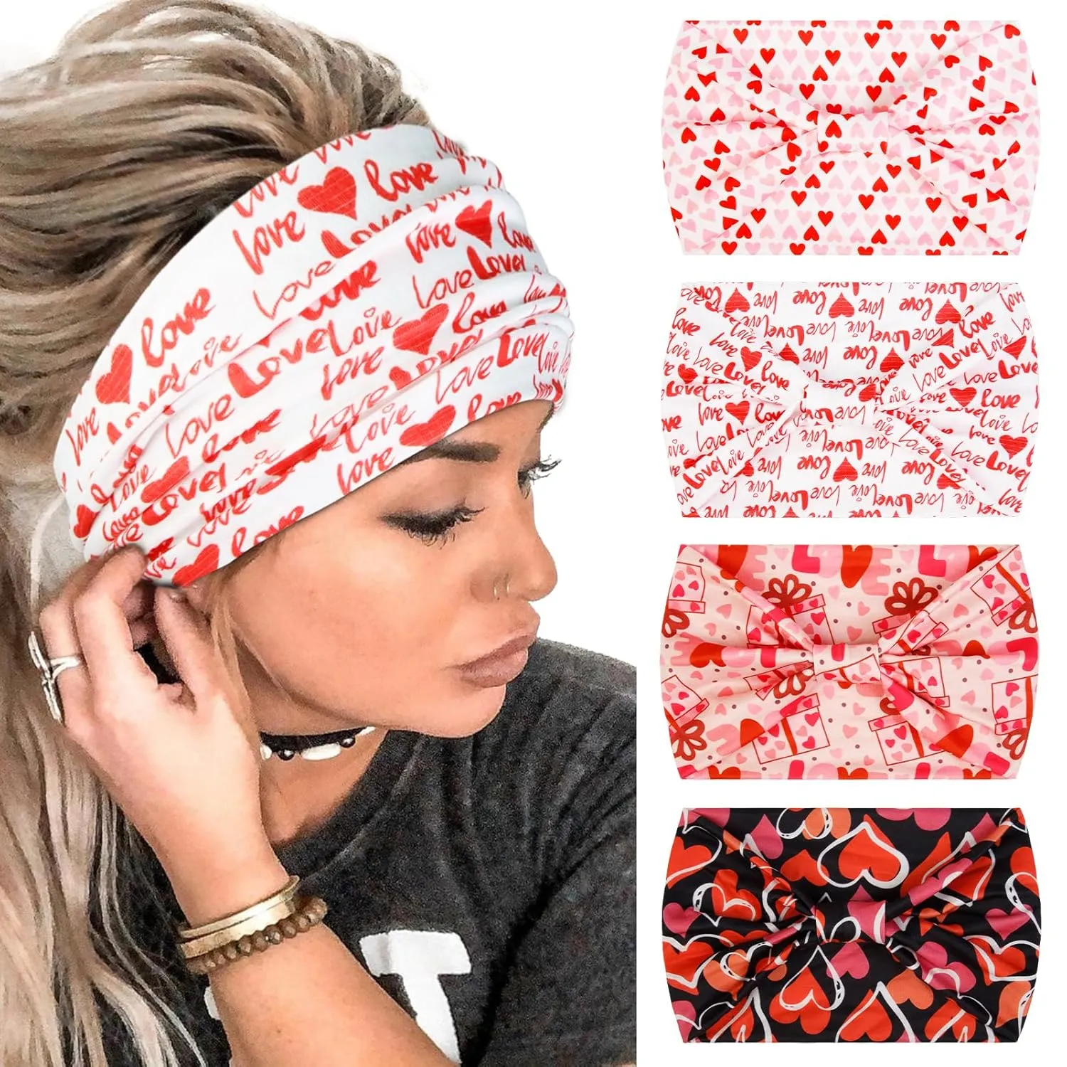 Huachi 4 Packs Valentine Headbands for Women Wide Knotted Valentine Heart Headbands Trendy Love Head Bands for Womens Hair Large Bandana Hairbands Valentines Gifts Hair Accessories