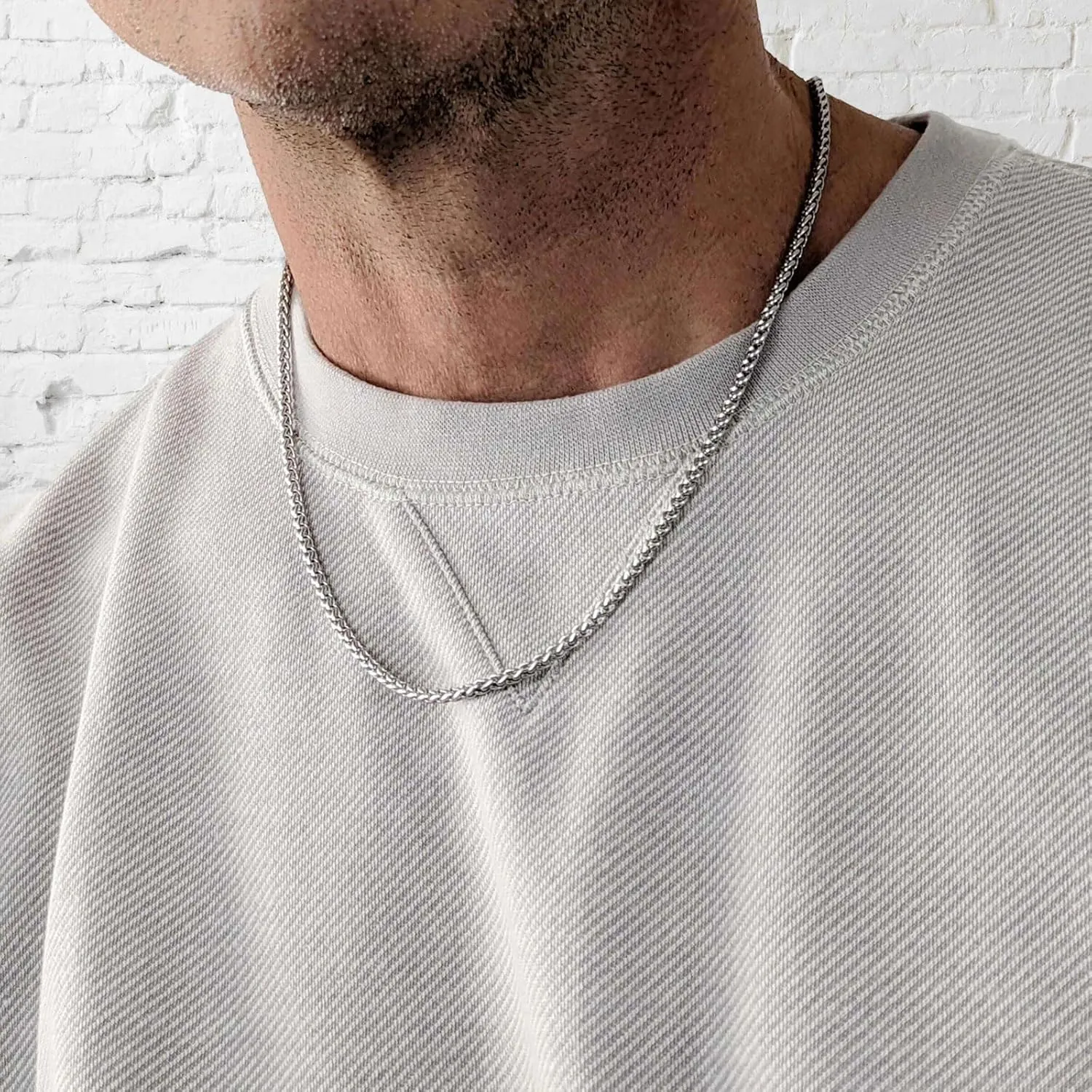 HZMAN 3.0 mm Stainless Steel Wheat Silver Chain Necklaces for Men & Women 16" -36"