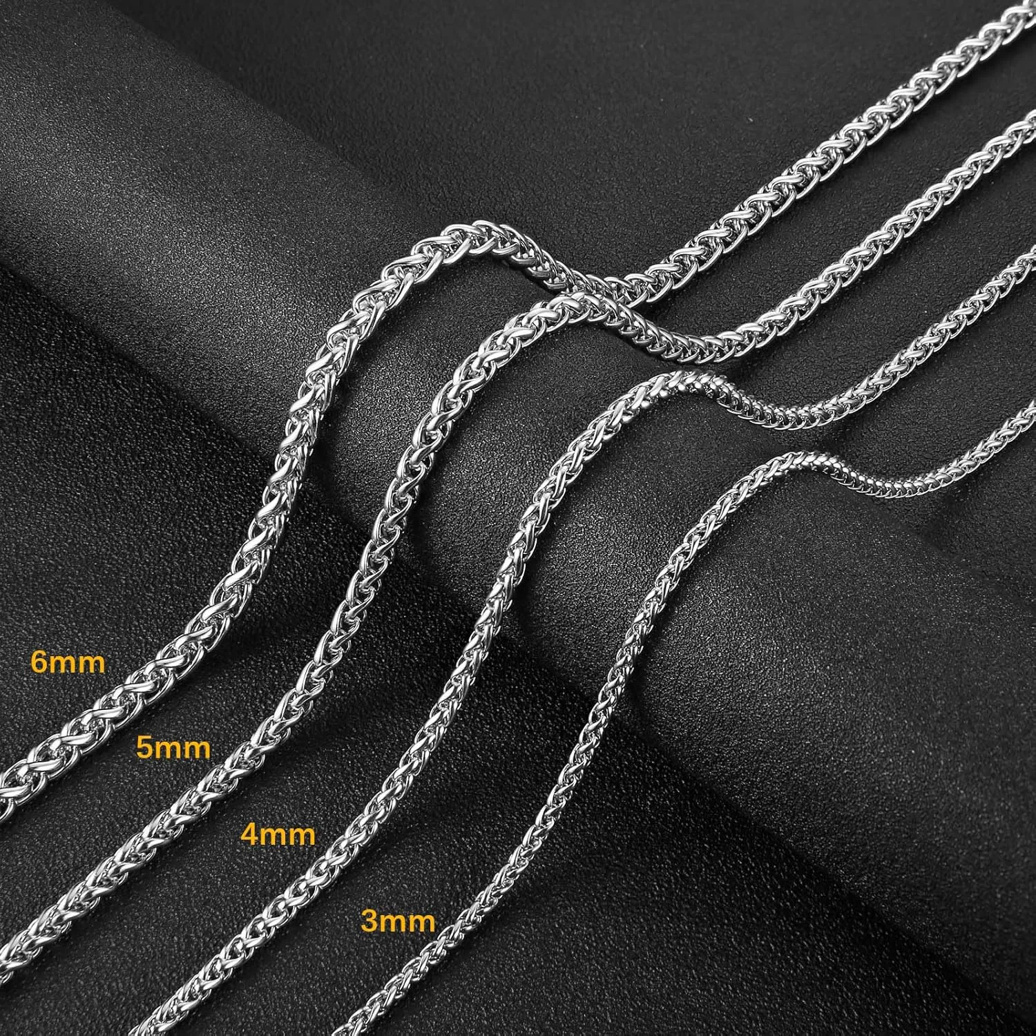 HZMAN 3.0 mm Stainless Steel Wheat Silver Chain Necklaces for Men & Women 16" -36"