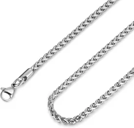 HZMAN 3.0 mm Stainless Steel Wheat Silver Chain Necklaces for Men & Women 16" -36"