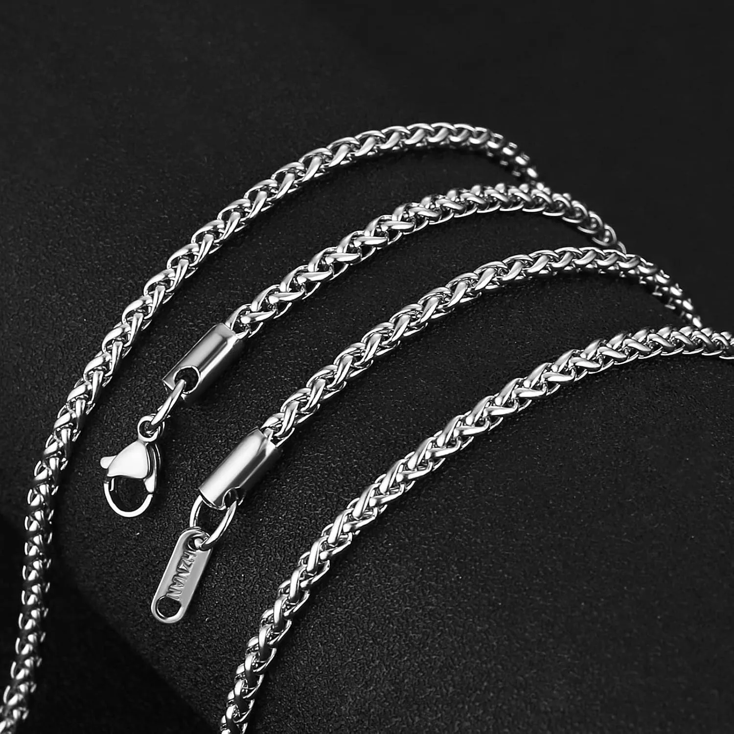 HZMAN 3.0 mm Stainless Steel Wheat Silver Chain Necklaces for Men & Women 16" -36"