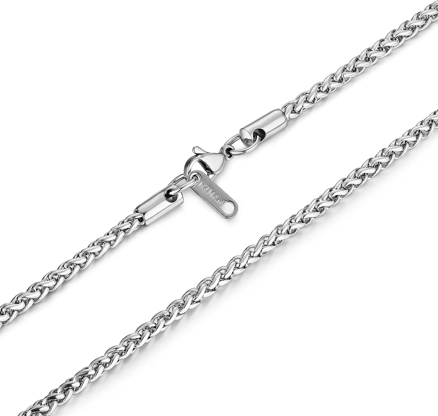 HZMAN 3.0 mm Stainless Steel Wheat Silver Chain Necklaces for Men & Women 16" -36"