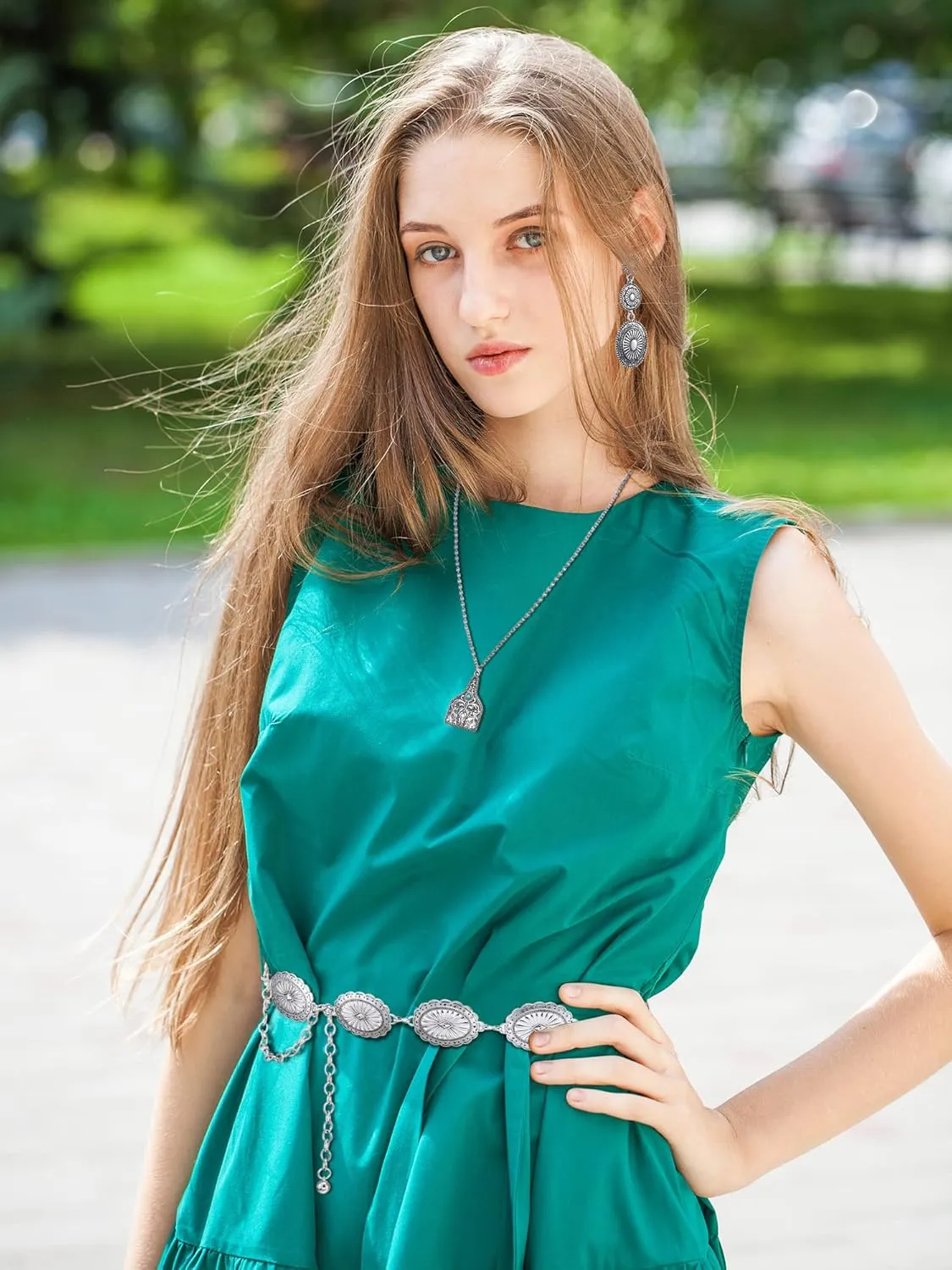 Inbagi 3 Pcs Western Jewelry for Women Bohemian Set, Boho Pendant Long Choker, Faux Leather Layered Bracelet, Dangle Earrings