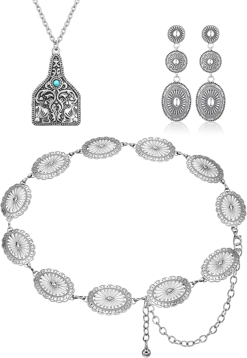 Inbagi 3 Pcs Western Jewelry for Women Bohemian Set, Boho Pendant Long Choker, Faux Leather Layered Bracelet, Dangle Earrings
