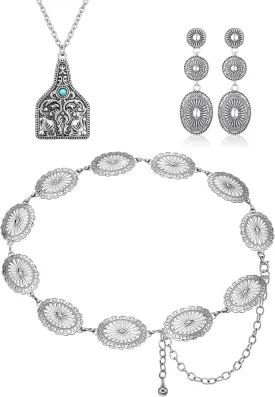 Inbagi 3 Pcs Western Jewelry for Women Bohemian Set, Boho Pendant Long Choker, Faux Leather Layered Bracelet, Dangle Earrings