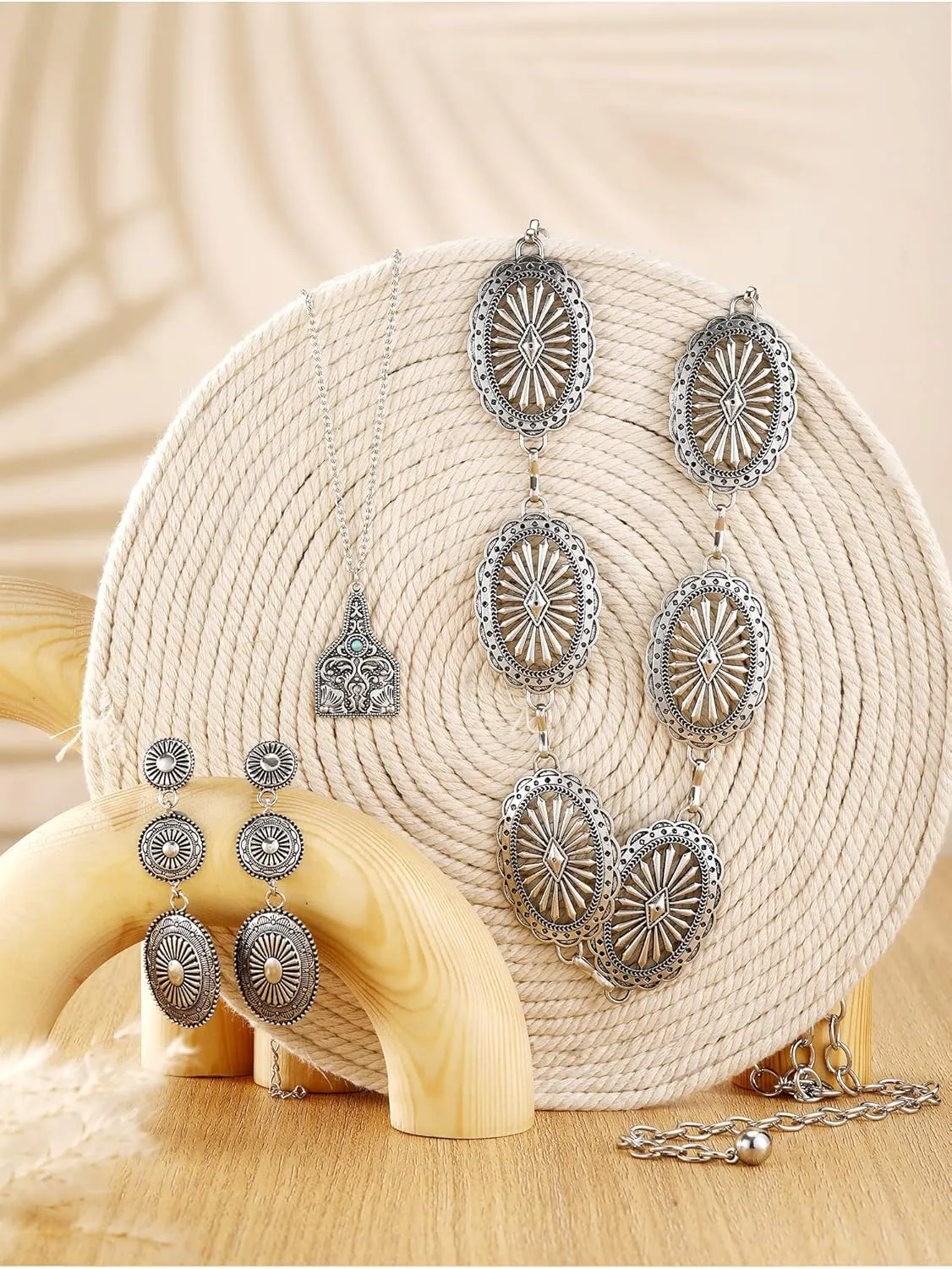 Inbagi 3 Pcs Western Jewelry for Women Bohemian Set, Boho Pendant Long Choker, Faux Leather Layered Bracelet, Dangle Earrings