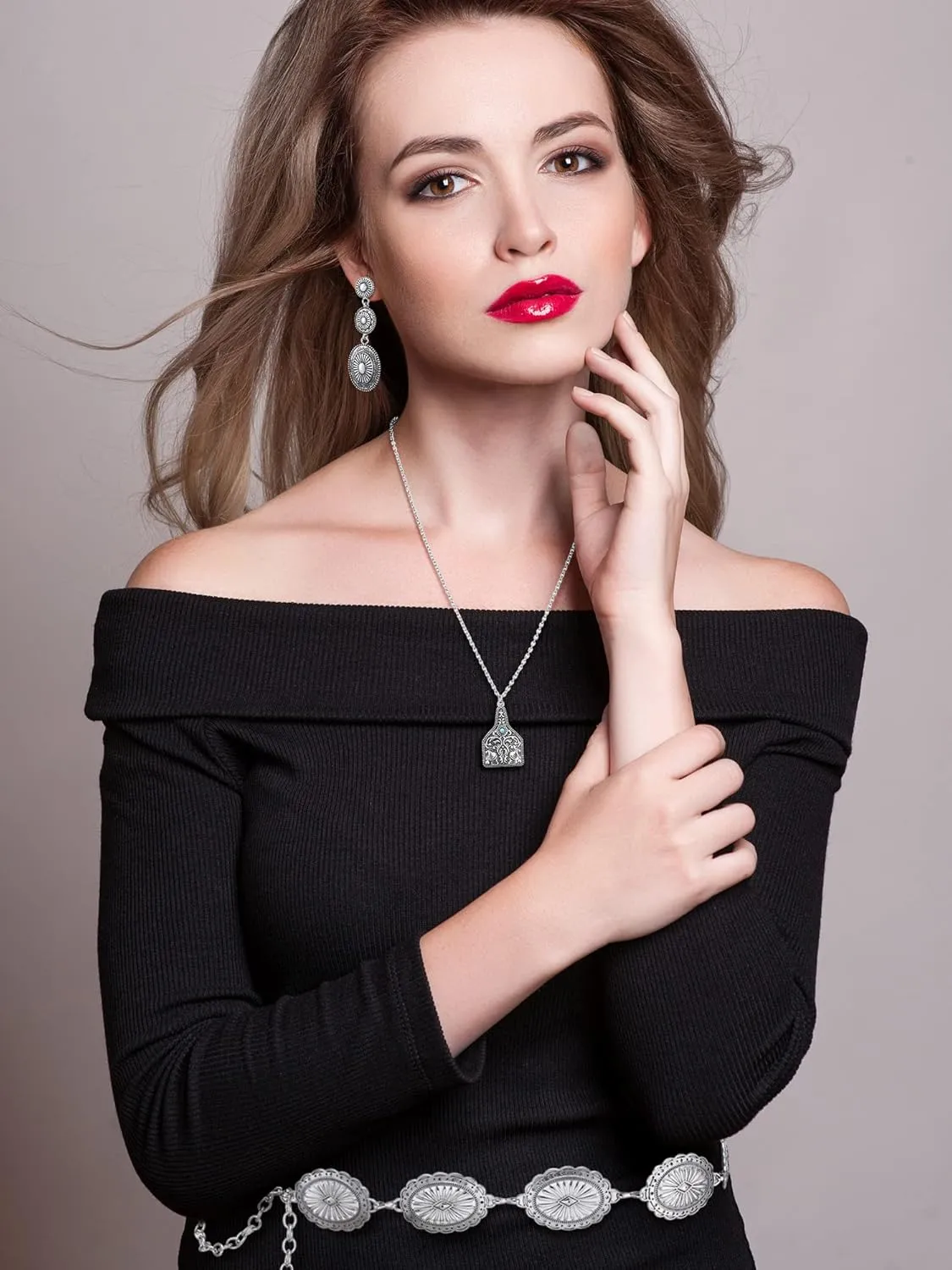 Inbagi 3 Pcs Western Jewelry for Women Bohemian Set, Boho Pendant Long Choker, Faux Leather Layered Bracelet, Dangle Earrings