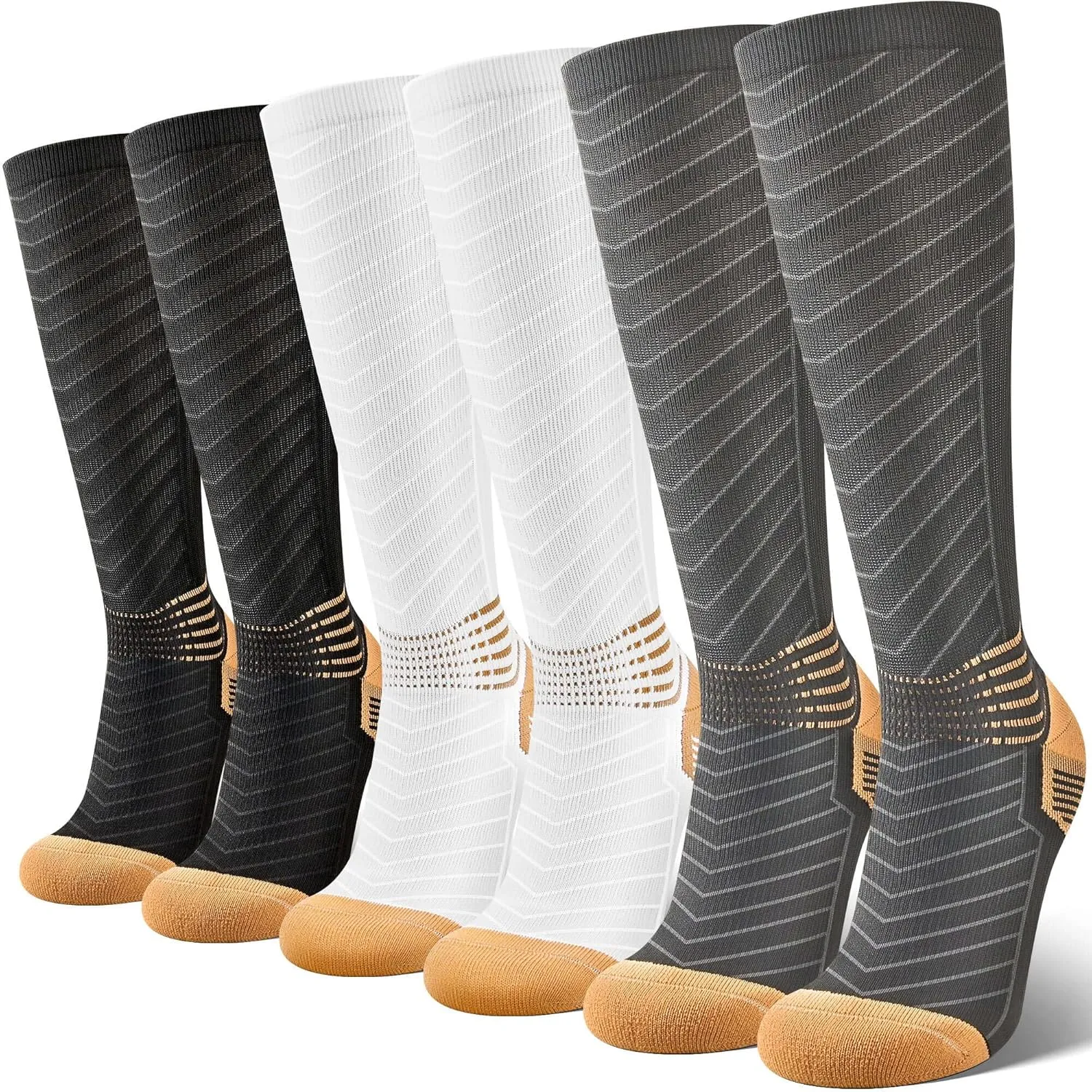 IRAMY Copper Compression Socks Men Women Ankle Support V-Shape Gradient Compression Coolmax Wicking Knee High Socks 3 Packs