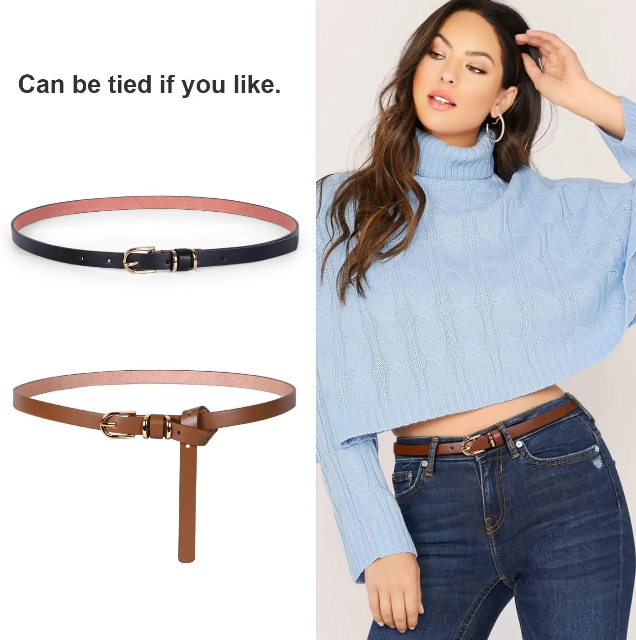 JASGOOD Women's Skinny PU Leather Belt Solid Color Fashion Thin Waist Belt with Gold Buckle for Jeans Pants 1/2 Width