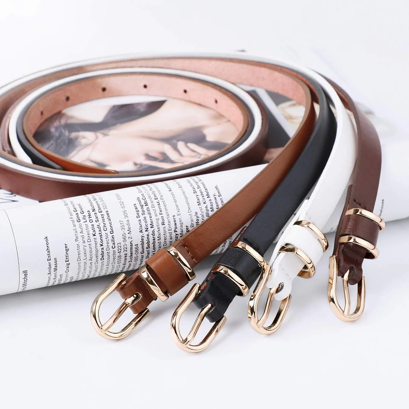 JASGOOD Women's Skinny PU Leather Belt Solid Color Fashion Thin Waist Belt with Gold Buckle for Jeans Pants 1/2 Width