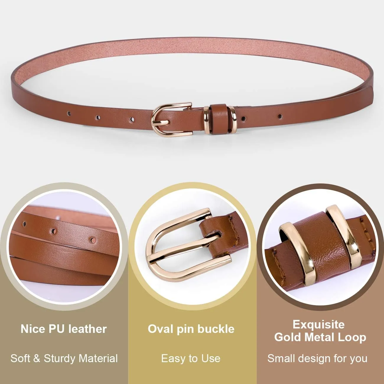 JASGOOD Women's Skinny PU Leather Belt Solid Color Fashion Thin Waist Belt with Gold Buckle for Jeans Pants 1/2 Width