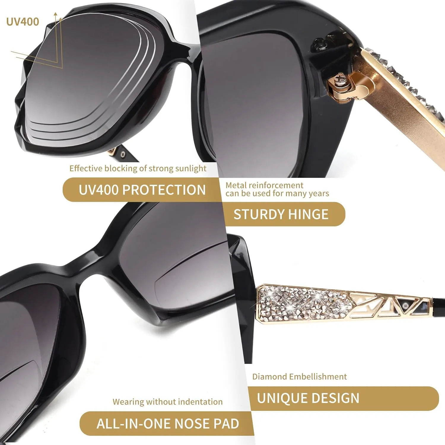 JM Bifocal Reading Sunglasses for Women Fashion Oversized Square Sun Readers Outdoor Reading Glasses UV400 Protection Black  1.0