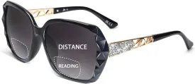 JM Bifocal Reading Sunglasses for Women Fashion Oversized Square Sun Readers Outdoor Reading Glasses UV400 Protection Black  1.0