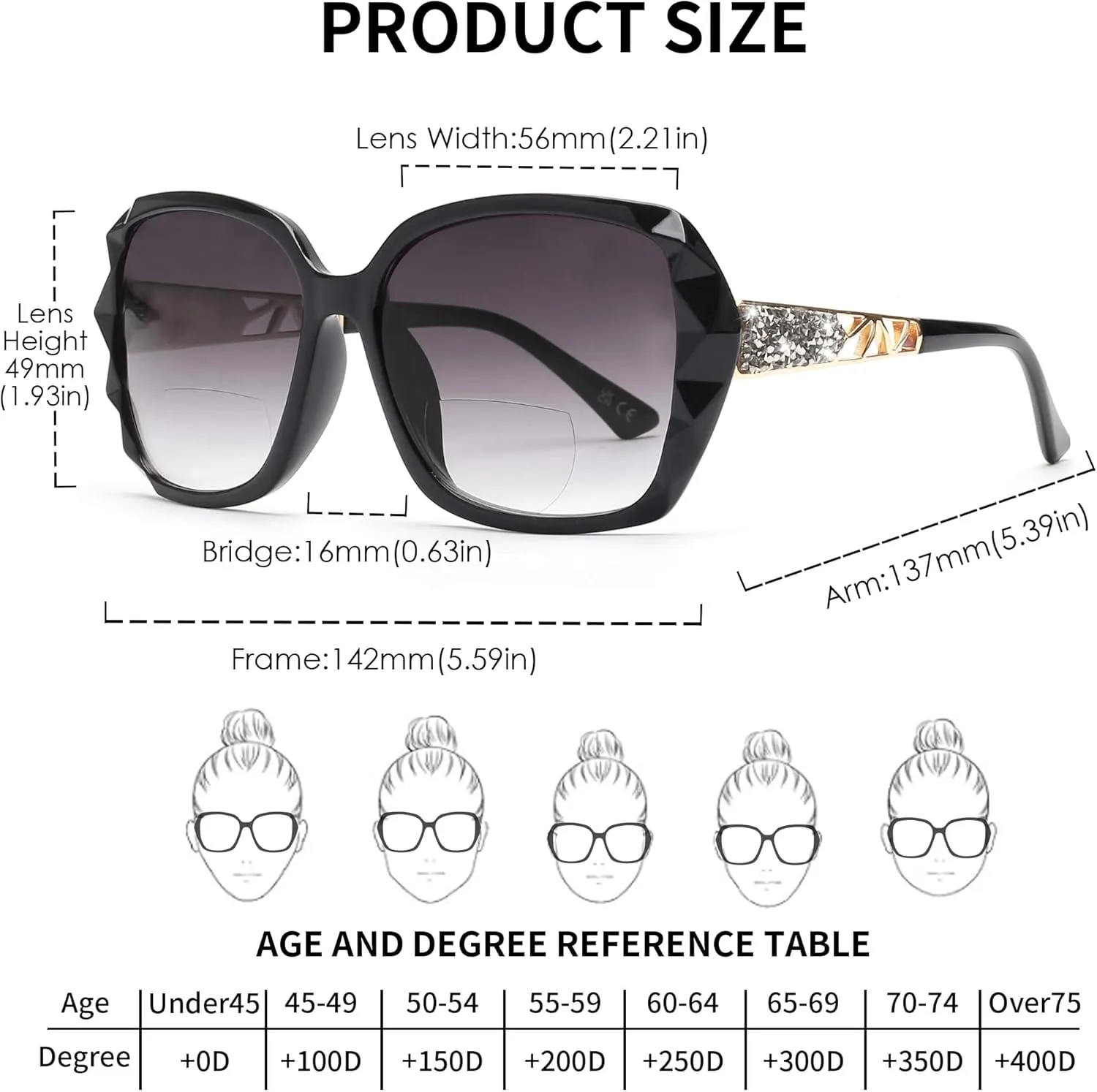 JM Bifocal Reading Sunglasses for Women Fashion Oversized Square Sun Readers Outdoor Reading Glasses UV400 Protection Black  1.0