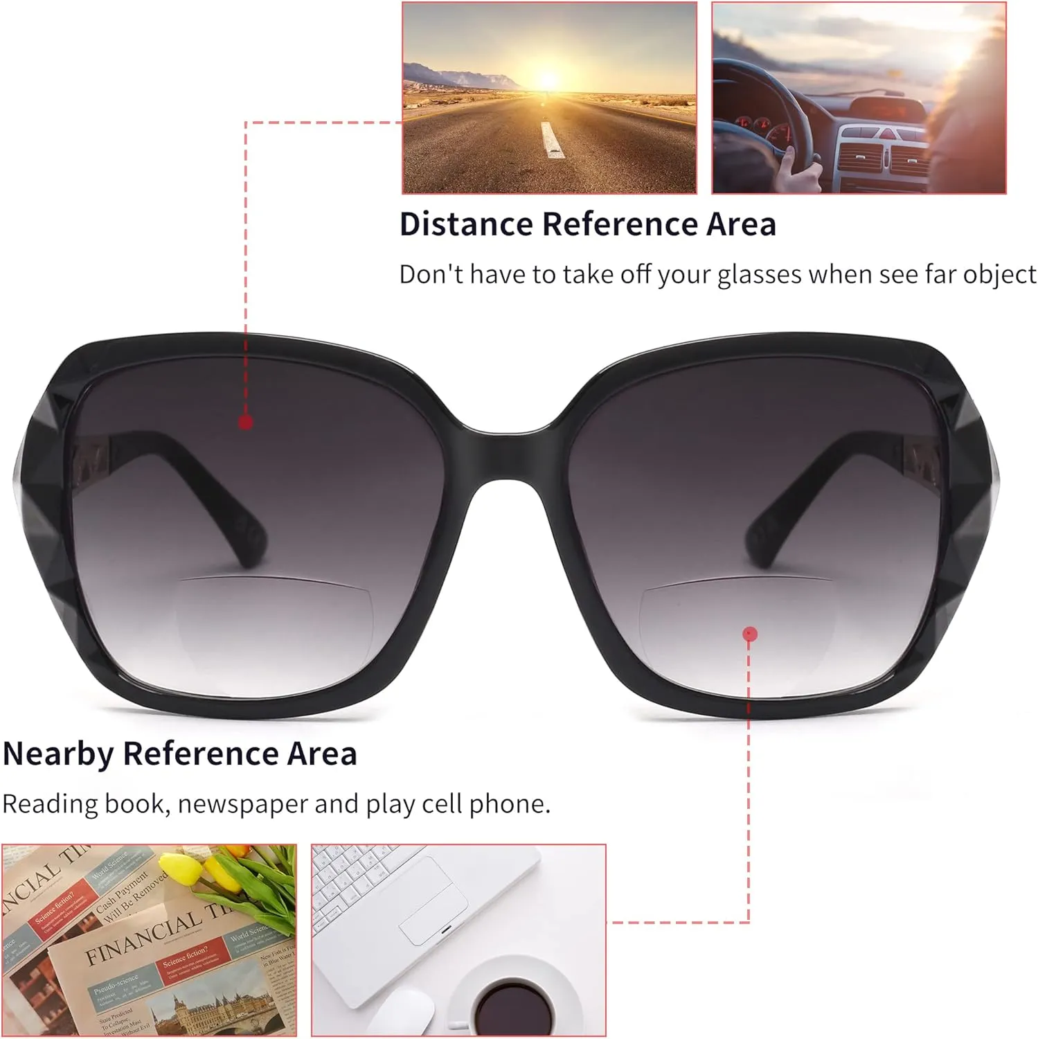 JM Bifocal Reading Sunglasses for Women Fashion Oversized Square Sun Readers Outdoor Reading Glasses UV400 Protection Black  1.0