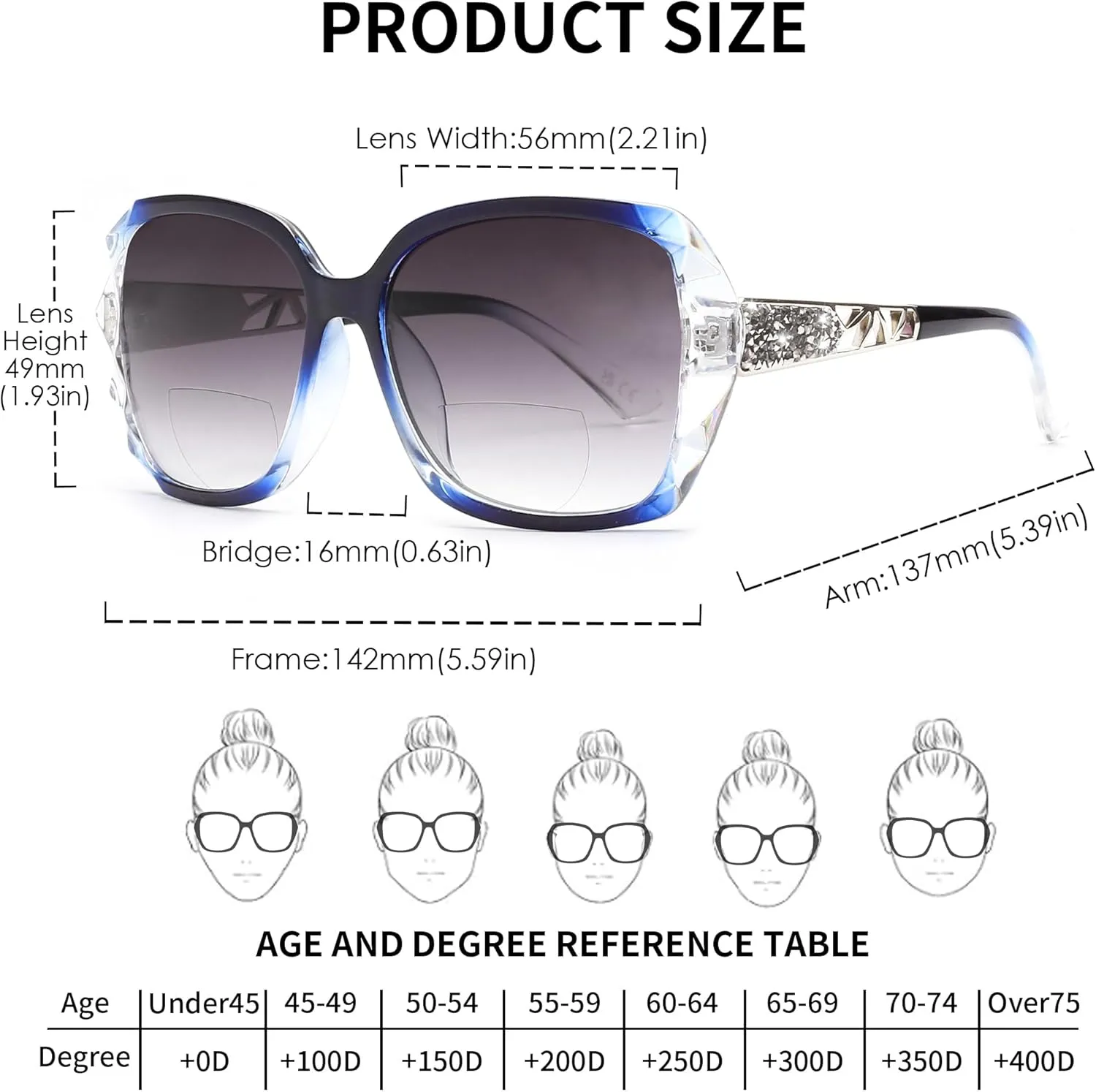 JM Bifocal Reading Sunglasses for Women Fashion Oversized Square Sun Readers Outdoor Reading Glasses UV400 Protection Clear Blue  1.0