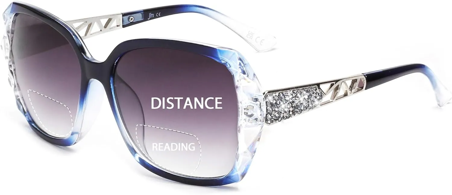 JM Bifocal Reading Sunglasses for Women Fashion Oversized Square Sun Readers Outdoor Reading Glasses UV400 Protection Clear Blue  1.0