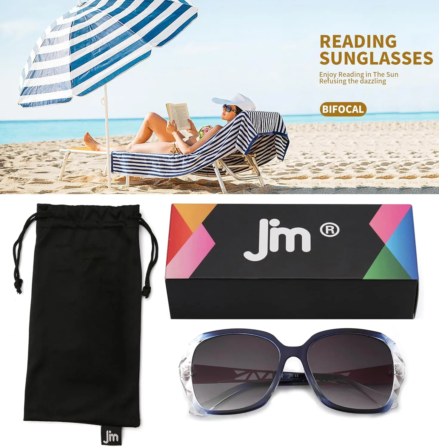 JM Bifocal Reading Sunglasses for Women Fashion Oversized Square Sun Readers Outdoor Reading Glasses UV400 Protection Clear Blue  1.0