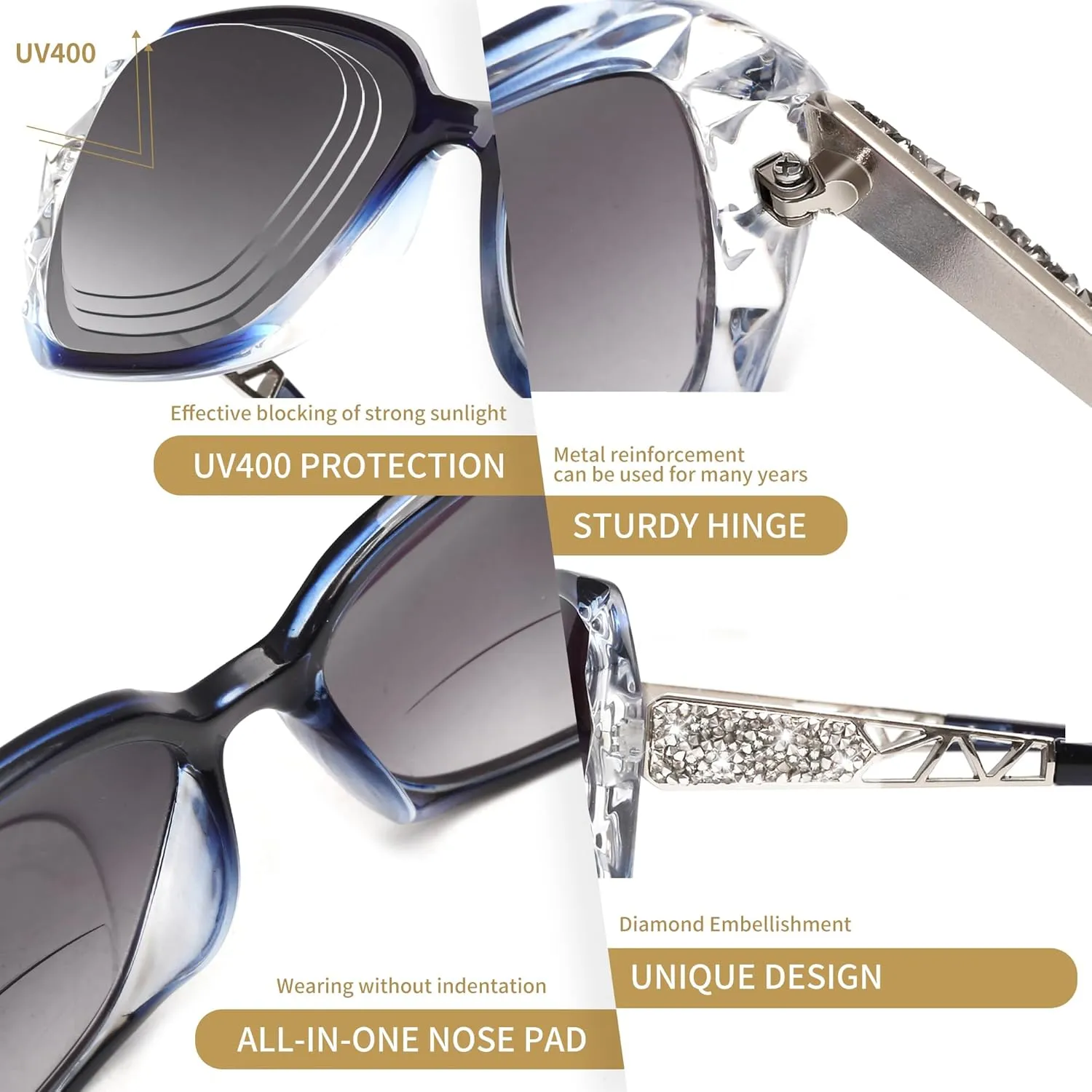 JM Bifocal Reading Sunglasses for Women Fashion Oversized Square Sun Readers Outdoor Reading Glasses UV400 Protection Clear Blue  1.0