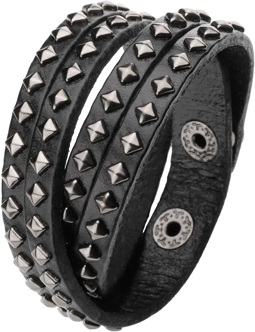 Jovivi Men Women Punk Rock Genuine Leather Multi Layers Spike Studded Rivets Strap Wrap Biker Leather Cuff Bracelet Bangle Wristband, Black