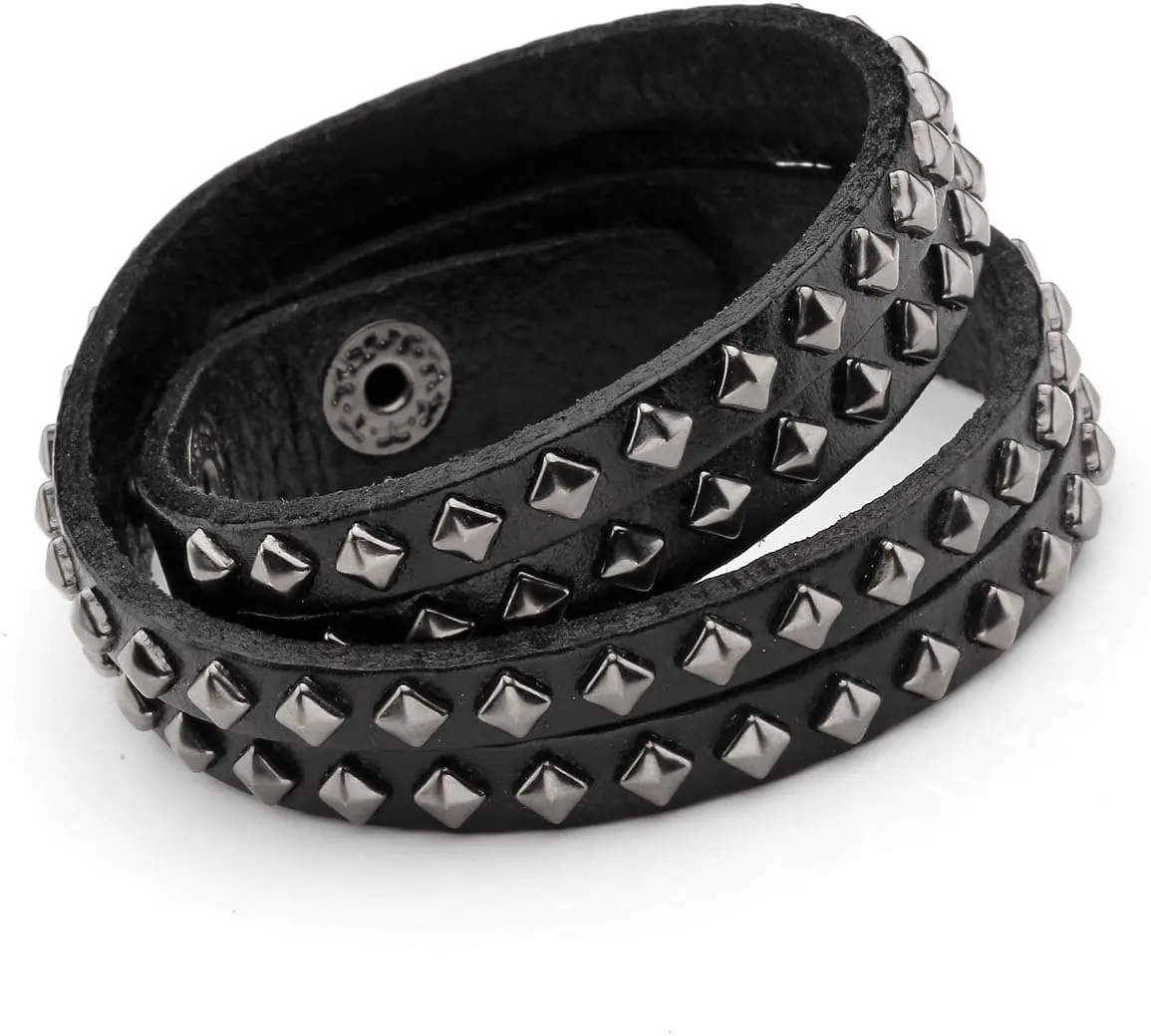 Jovivi Men Women Punk Rock Genuine Leather Multi Layers Spike Studded Rivets Strap Wrap Biker Leather Cuff Bracelet Bangle Wristband, Black